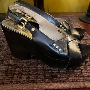 Michael Kors Black and Gold Women's Slingback Chunky Heel Sandals